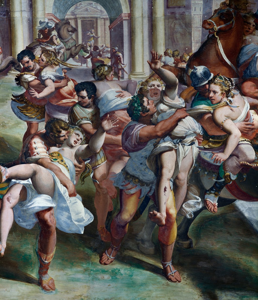 The Rape of Sabine Women (1500-tallet), af Luca Cambiaso (1527-1585), fresco, Villa Imperiale, Genova, Ligurien, Italien, detaljer af Luca Cambiaso