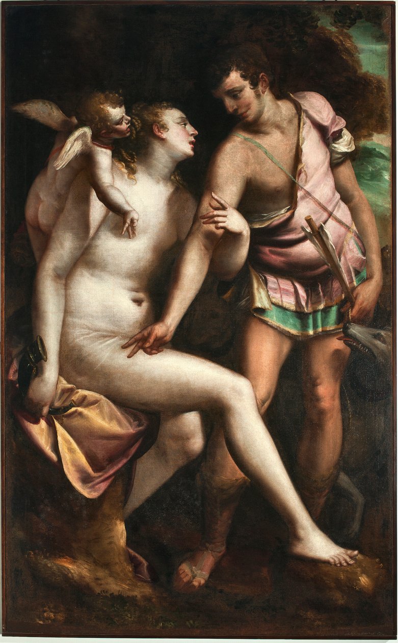 Venus og Adonis Maleri af Luca Cambiaso (1527-1585) 1500-tallets gener, Musei di Strada Nuova (tidligere Palazzo Bianco) af Luca Cambiaso