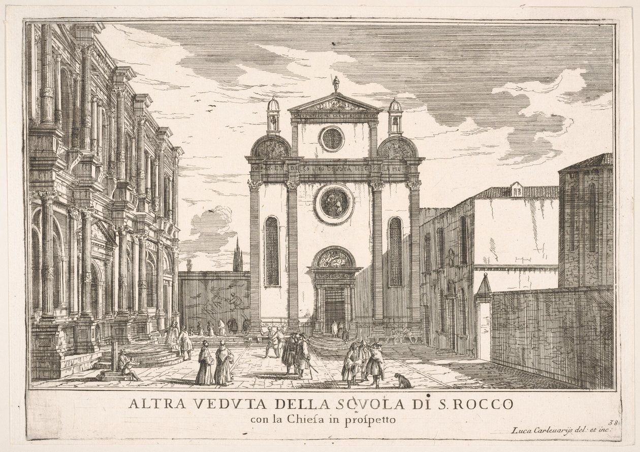 Tavle 38: Udsigt over facaden af kirken St. Roch og til venstre facaden af Schoo..., 1703. af Luca Carlevarijs