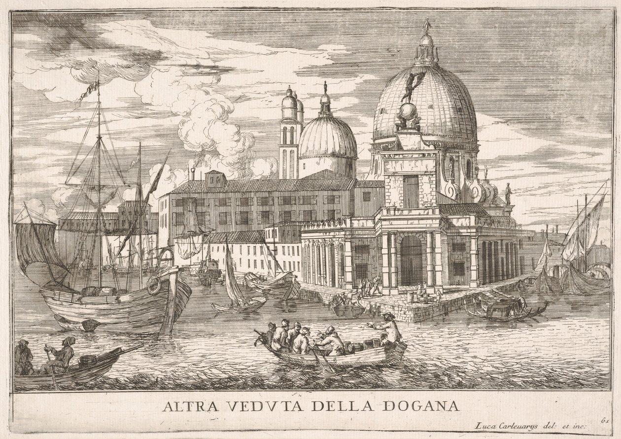 Plade 61: Udsigt over toldstedet Dogana da Mar ved sammenløbet af Canal Grande a..., 1703. af Luca Carlevarijs
