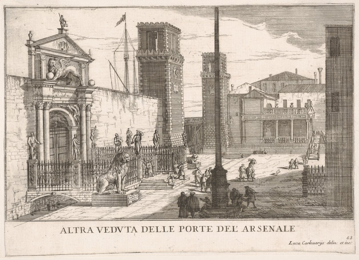 Plade 63: Udsigt over porten til skibsværftet og våbenhuskomplekset Arsenale, Venedig, 1703, fr..., 1703. af Luca Carlevarijs
