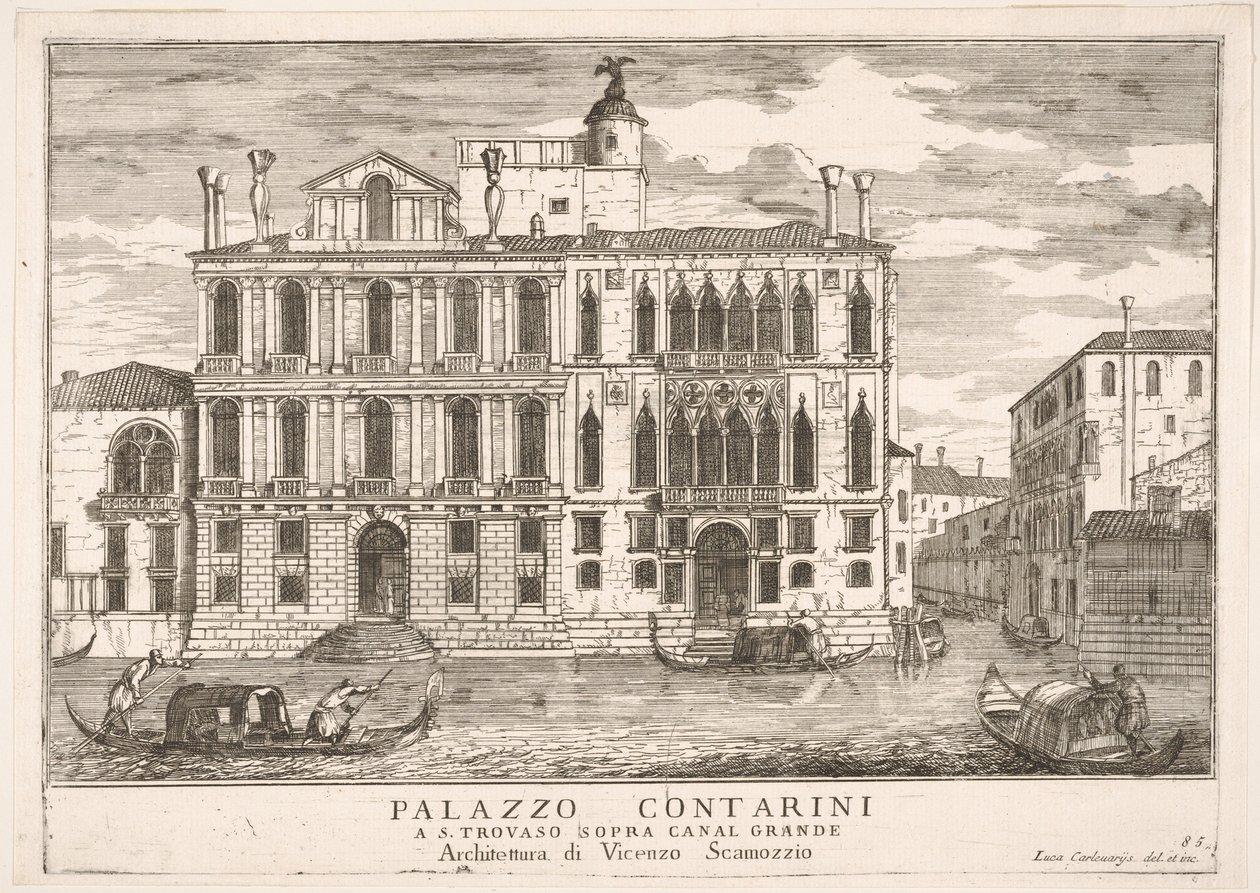 Plade 85: Udsigt over Contarini-paladset i Campo San Trovaso, Venedig, 1703, fra The build..., 1703. af Luca Carlevarijs