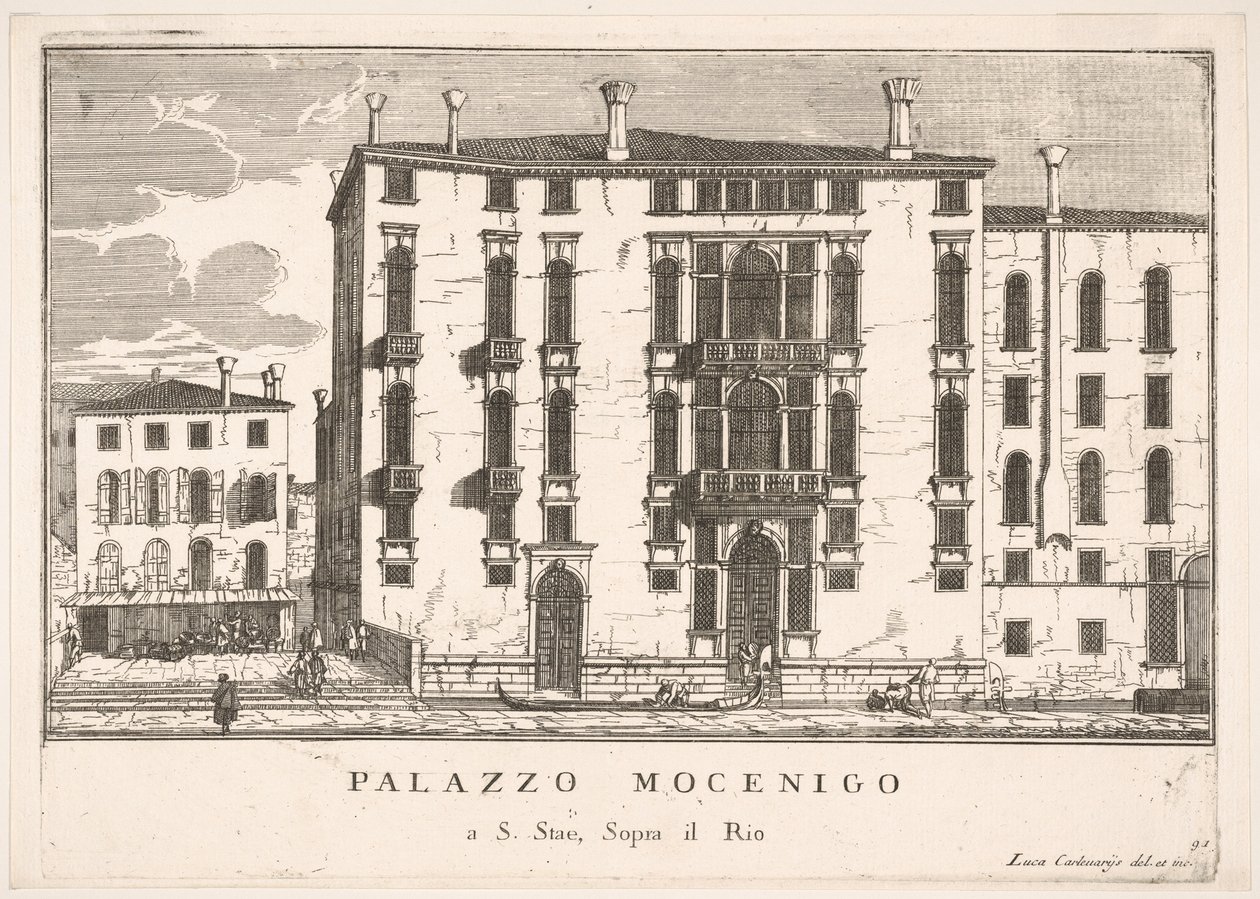 Plade 91: Udsigt over Mocenigo-paladset i Campo San Stae, Venedig, 1703, fra bygningerne..., 1703. af Luca Carlevarijs