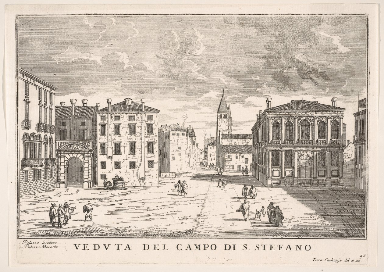 Plade 95: Udsigt over Campo Santo Stefano med Loredan-paladset og Morosini-paladset, Venedig ..., 1703. af Luca Carlevarijs