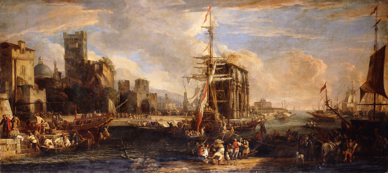 En Capriccio af en Middelhavshavn med østrigsk skibsfart, købmænd og sømænd på kajer i forgrunden, et militskompagni nær Konstantinbuen og Castel Sant"Angelo hinsides, af Luca Carlevaris