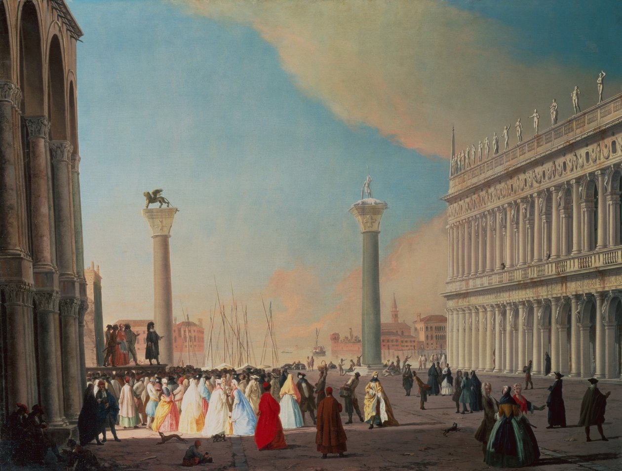 Piazzetta, Venedig, ser mod syd fra foran San Marcos facade (olie på lærred) af Luca Carlevaris
