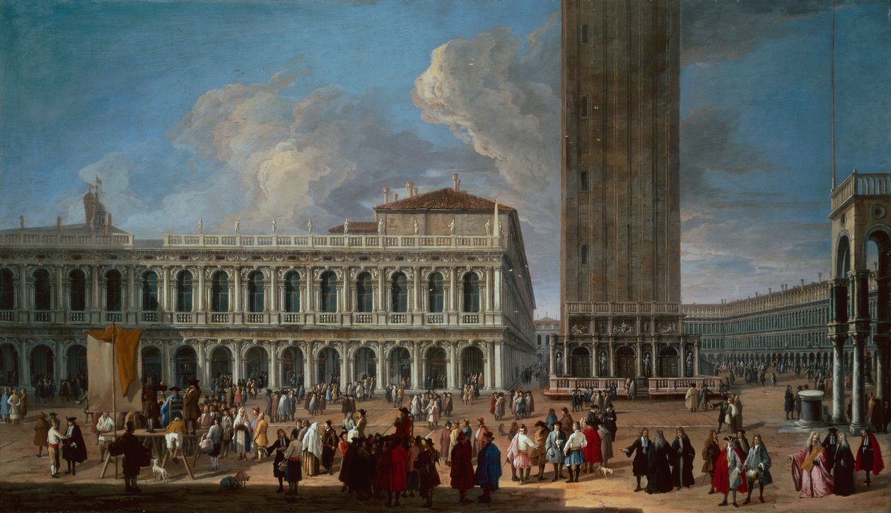 Piazzetta og Piazza San Marco, Venedig (olie på lærred) af Luca Carlevaris