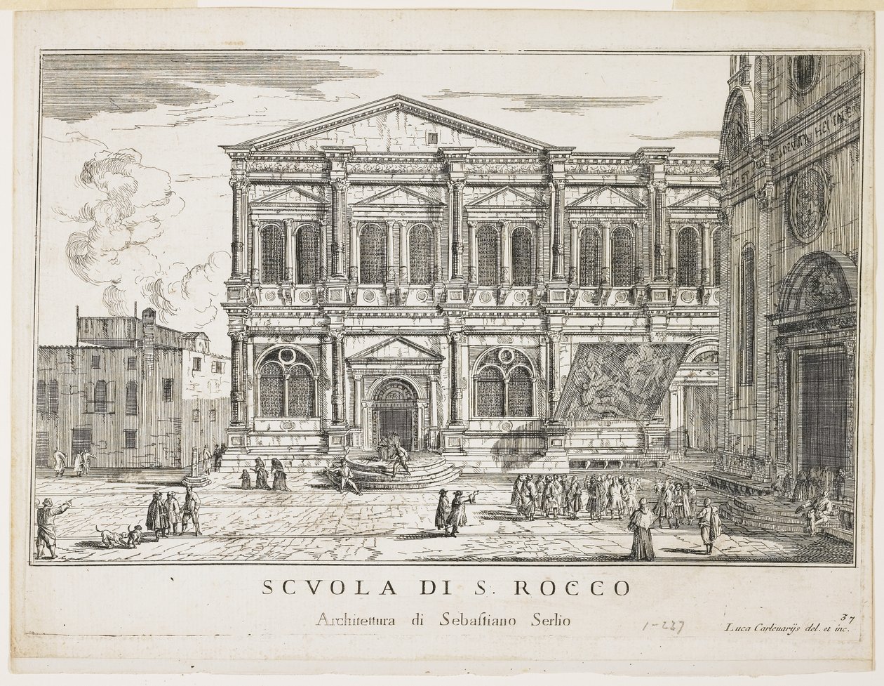 Udsigt over broderskabet i St. Rocco, plade fra The Buildings and Views of Venice, 1703, 1750-53 af Luca Carlevaris