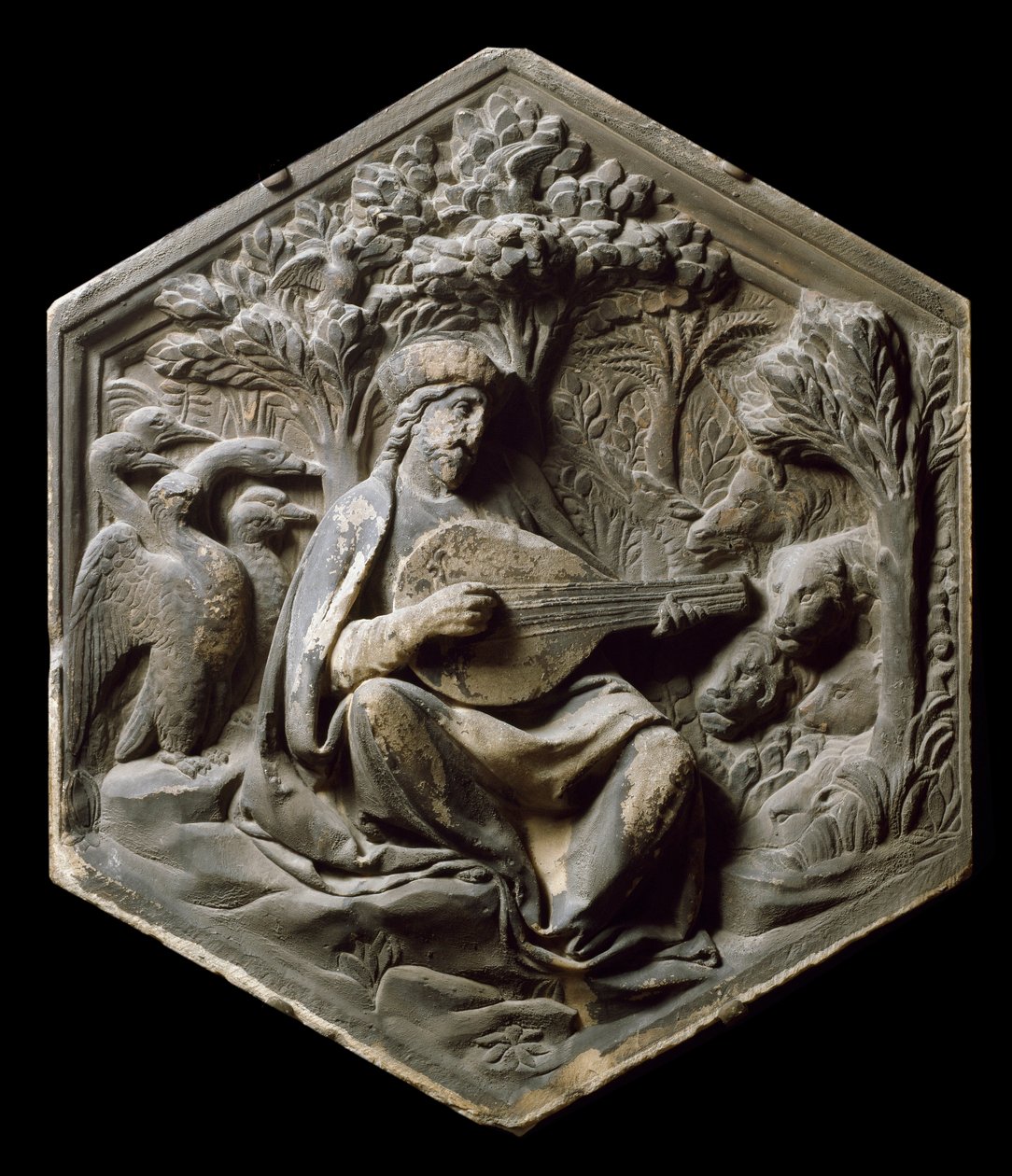 Allegory of Music som Orphee Skovens dyr lytter til Orphee, der spiller lut. Høj relief af Luca della Robbia af Luca Della Robbia