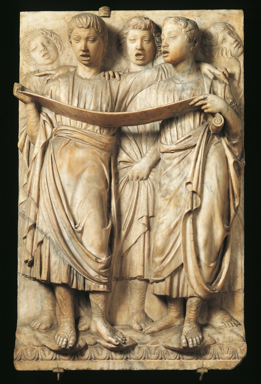 Børn synger, detaljer fra Cantoria (korgalleri) af Luca Della Robbia (ca 1400-1481), marmor, relief til katedralen Santa Maria del Fiore, Firenze af Luca Della Robbia
