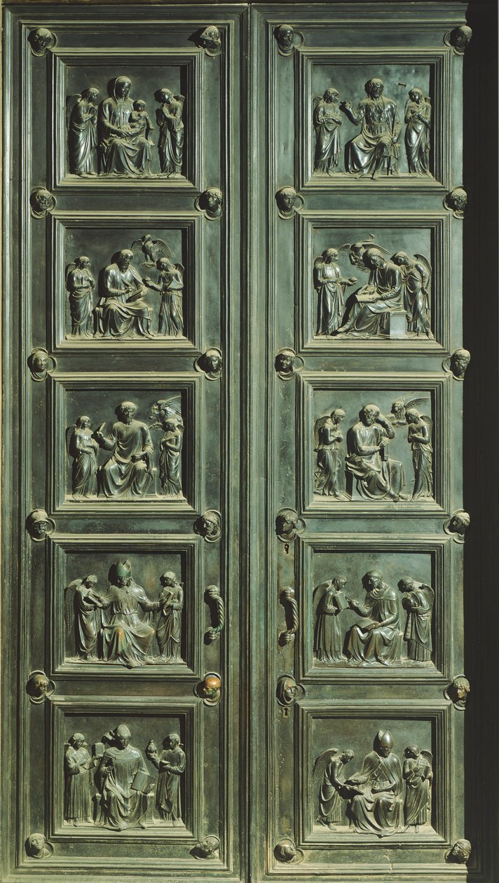 Italien, Firenze, Santa Maria del Fiore-kirken, Dør til messenes sakristi, af Luca della Robbia (cirka 1400-1482) (UNESCO Verdensarv af Luca Della Robbia
