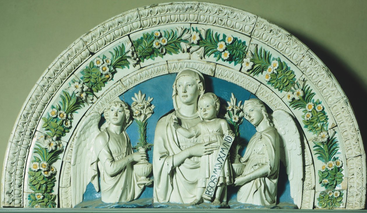 Madonna og barn, af Luca della Robbia (ca. 1400-1482), bezel af glaseret lertøj af Luca Della Robbia