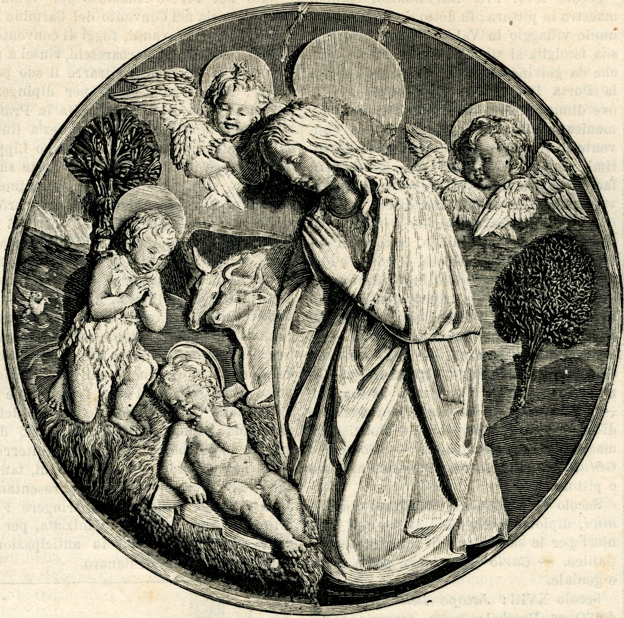 Madonna i tilbedelse af barnet med spædbarnet Johannes Døberen og keruber, af Luca della Robbia (1399/1400-1482), Prato, Toscana, Italien, træsnit fra Le cento citta d
