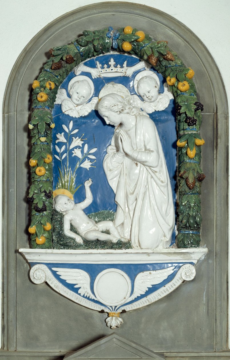 The Virgin Adoring the Child High Relief af Luca della Robbia (1400-1482) Sanctuary of Verna fra det 15. århundrede, Italien af Luca Della Robbia