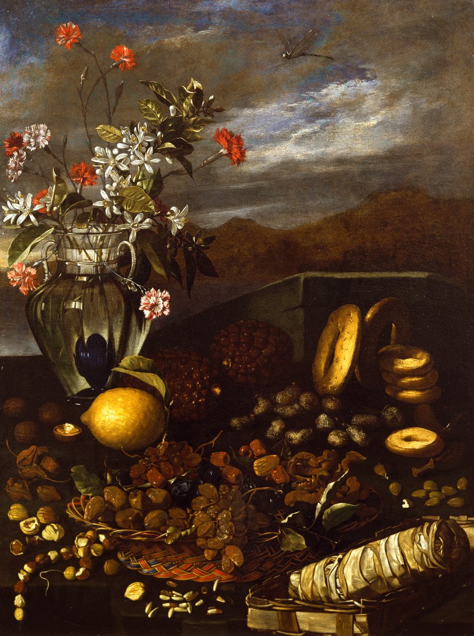 Stilleben med tørret frugt, blomster og landskab, af Luca Forte (1610-1670) af Luca Forte