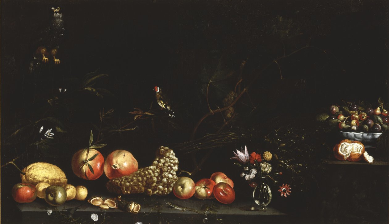 Stilleben med frugt, blomster, en høg og en guldfinke, 1620-30 af Luca Forte