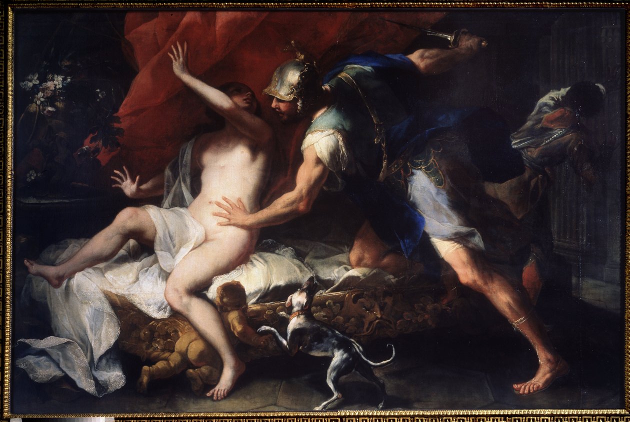 (Tarquinius og Lucretia) Voldtægten af ​​Lucrece (Lucrezia, Lucretia, romersk dame), offer for volden af ​​sin fætter Sextus Tarquin, søn af Tarquin den Superb. Maleri af Luca Giordano (1632-1705) Statens kunstmuseum fra det 17. århundrede, Tula, Rusland af Luca Giordano