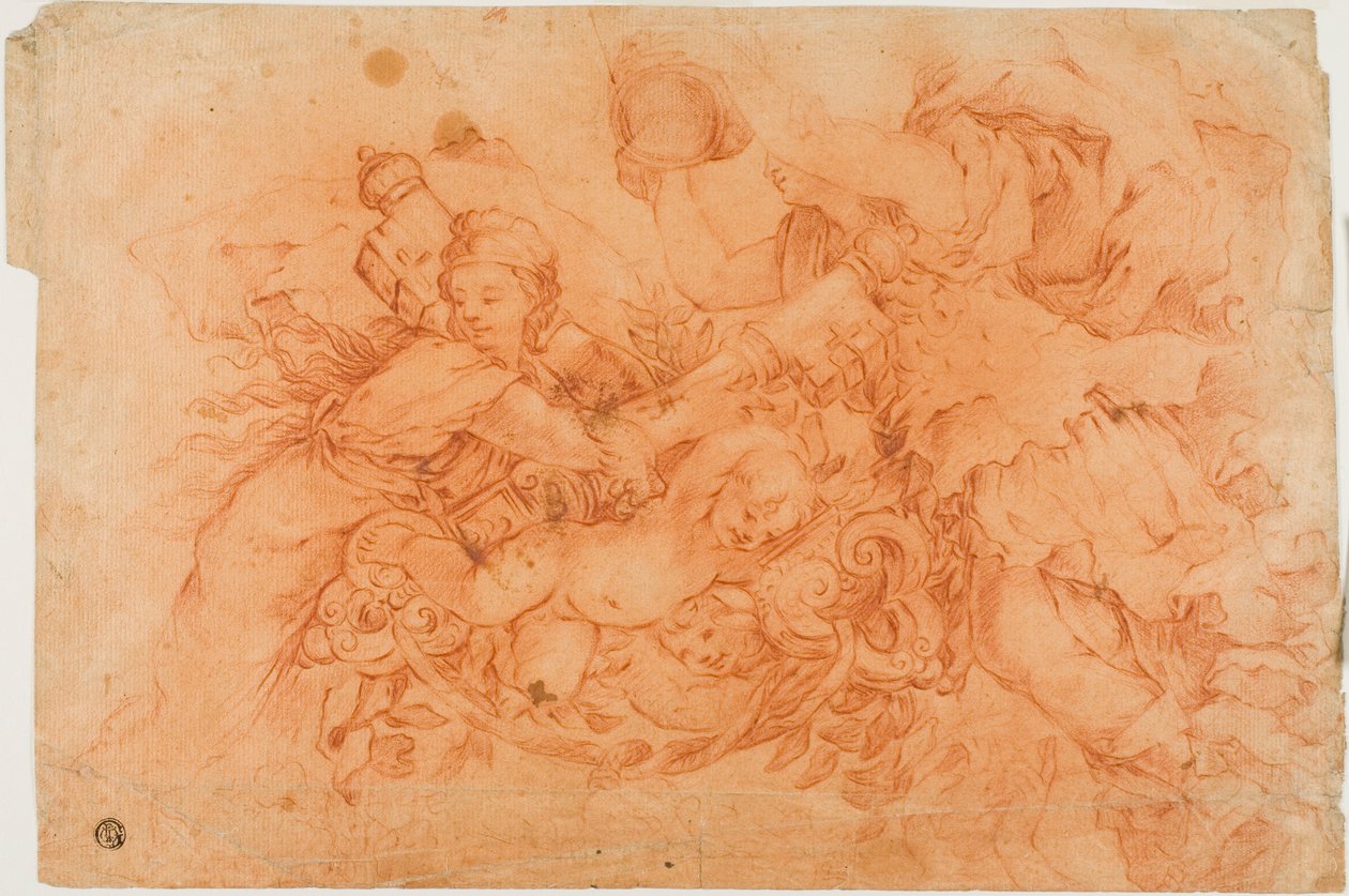 Allegoriske figurer, der holder det pavelige insignia, studie efter Allegory of Divine Providence i Palazzo Barberini i Rom af Luca Giordano