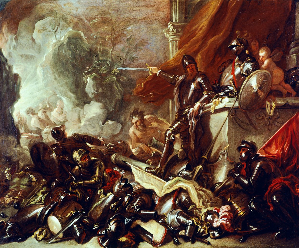 Allegory of War, af Luca Giordano (1634-1705), olie på lærred, 61x50 cm af Luca Giordano