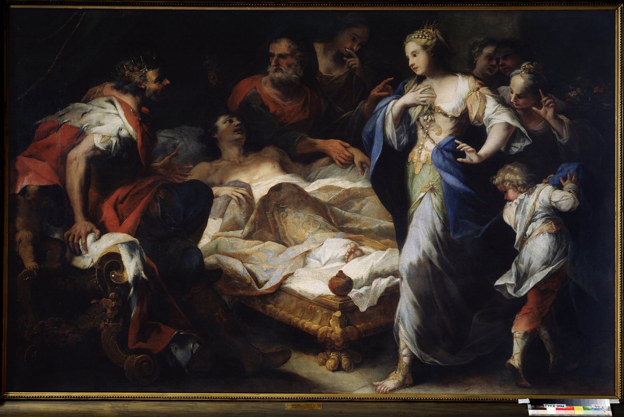 ""Antiochus (ou Antiochos) et Stratonice (ou Stratonike)"" (Antiochus og Stratonice) Antiochus, søn af kong Seleucus (eller Seleucus) I Nicator bliver behandlet af lægen Erasistratus of Ceos for en sygdom på grund af hans kærlighed til Stratonice, hans far af Luca Giordano