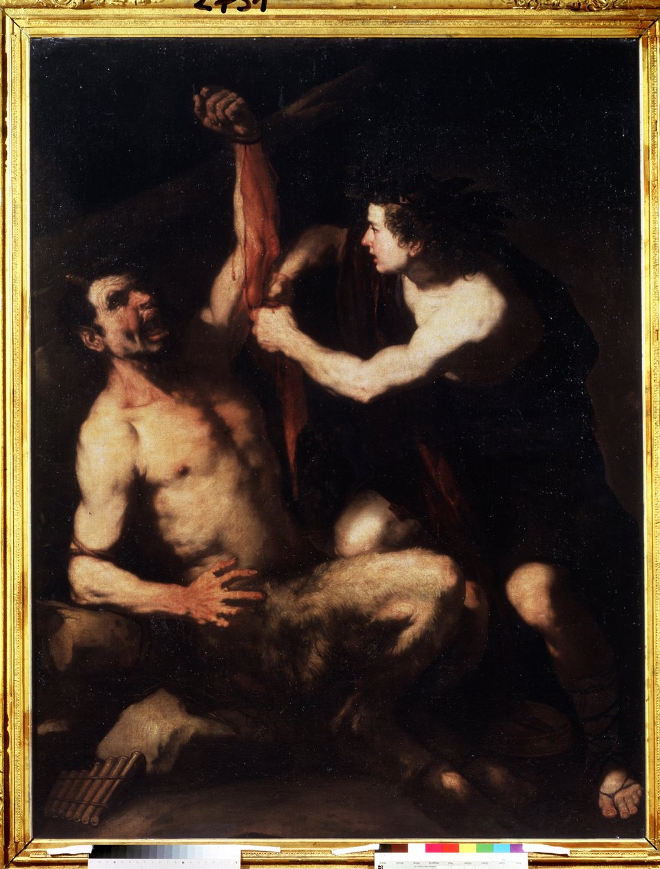 ""Apollo og Marsyas"" Apollo, efter at have vundet udfordringen mod Marsyas, får ham flået og derefter smidt ind i en hule. Maleri af Luca Giordano (1632-1705) omkring 1650. Manierisme. Pushkin Museum, Moskva af Luca Giordano
