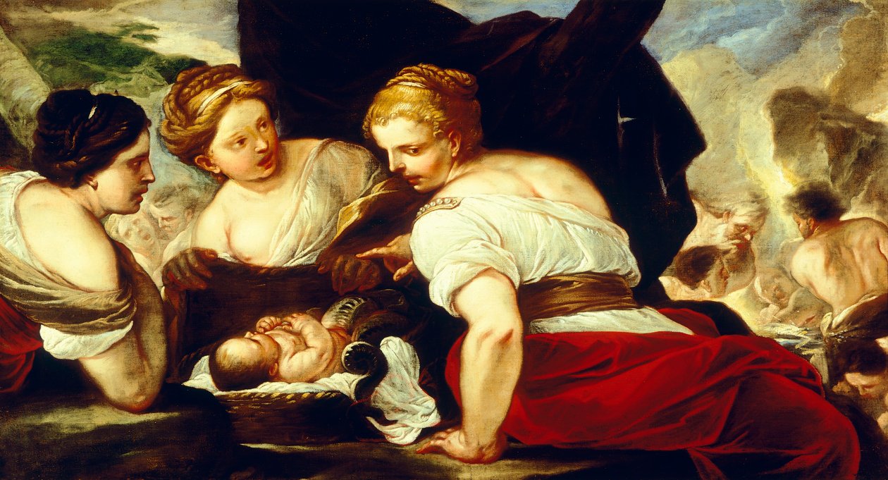 Daughters of Cecrops åbningskurv med baby Erichthonius, af Luca Giordano (1634-1705), olie på lærred, 76,5x133,5 cm af Luca Giordano