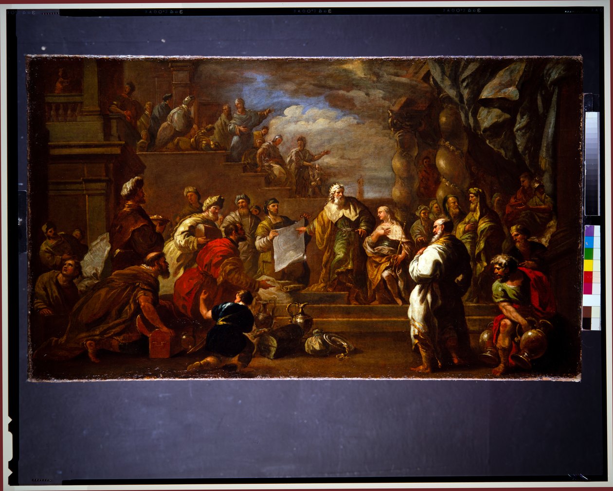 David viser Salomo planerne for templet (lærred) af Luca Giordano