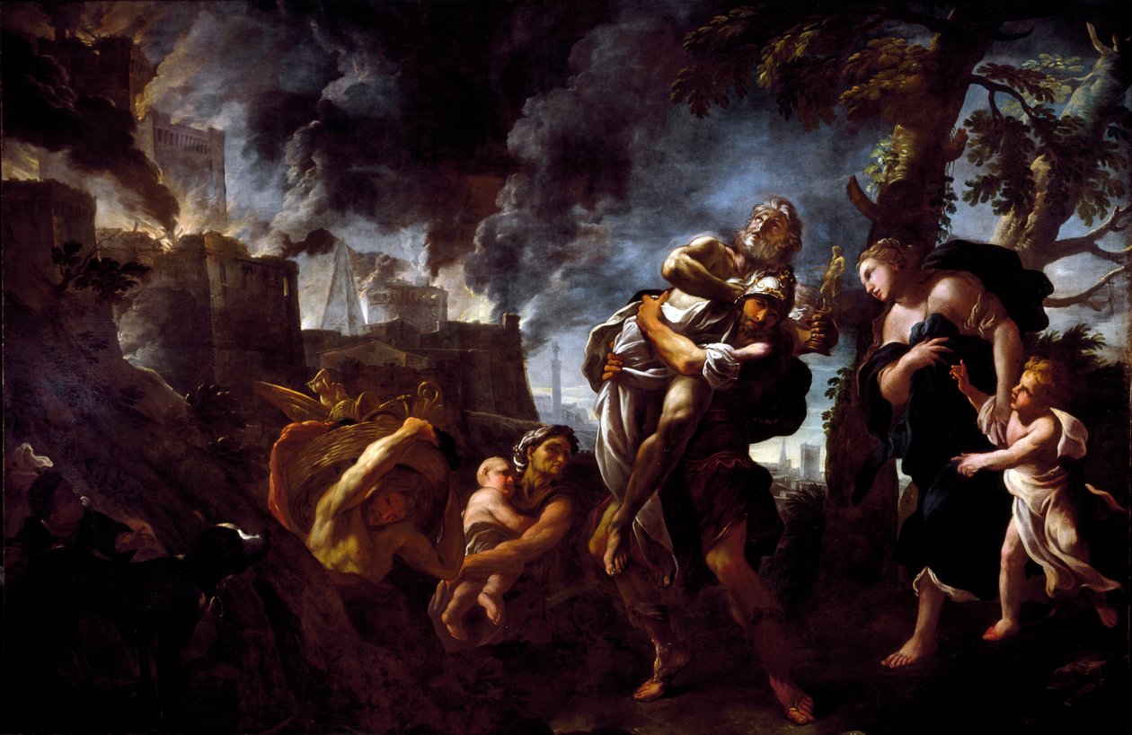 Enee flygtede Troie Enee, der bar Anchise, flygtede fra byen faldt i hænderne på Acheens. Maleri af Luca Giordano (1634-1705) 1675-1680 Genes, National Gallery of Palazzo Spinola af Luca Giordano