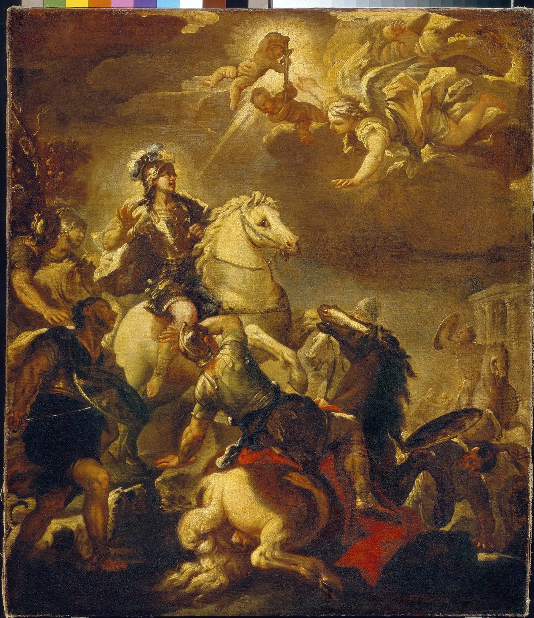 Korsets tilsynekomst for kejser Konstantin (Flauius Valerius Aurelius Constantinus, 272-306). (Korsets åbenbaring for kejser Konstantin). Maleri af Luca Giordano (1632-1705), olie på lærred, ca. 1680. Italiensk kunst (Napoli) af Luca Giordano