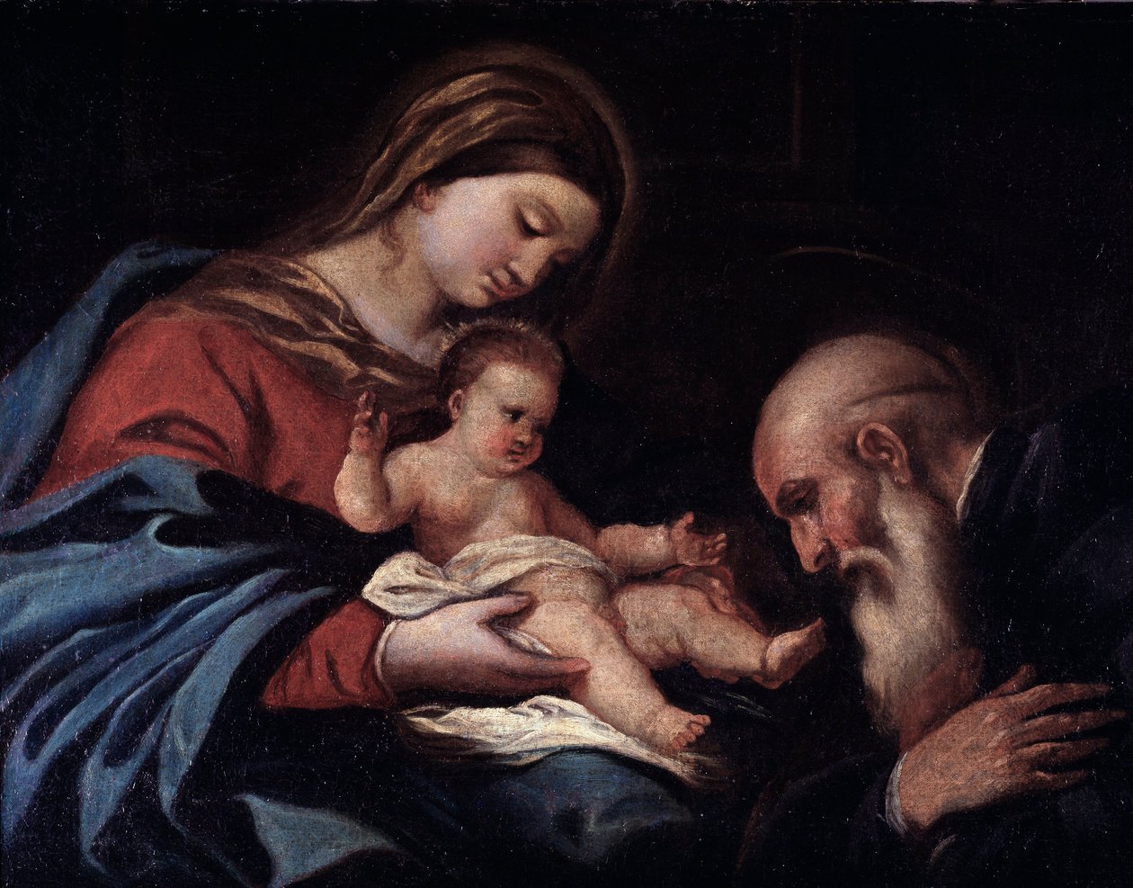 Madonna med barn og Sankt Benedikt (olie på lærred af Luca Giordano