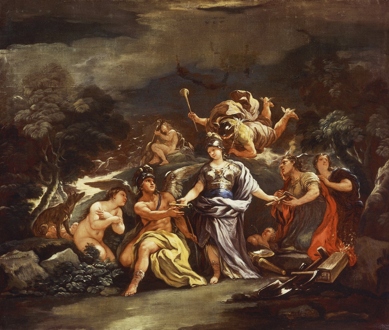 Minerva som protesinde for kunst og videnskaber, af Luca Giordano, olie på lærred af Luca Giordano