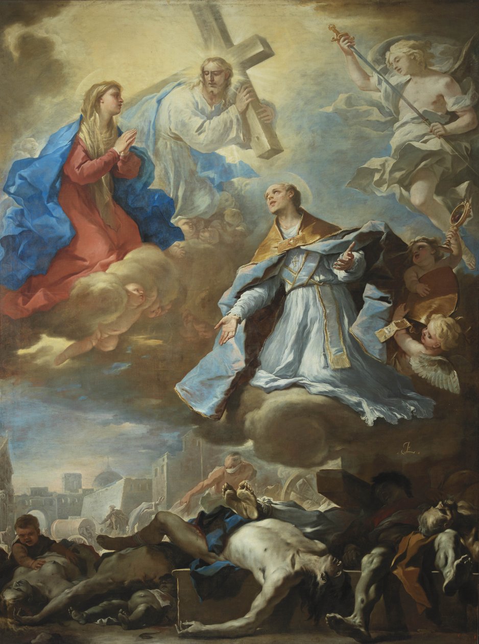 Sankt Januarius går i forbøn for Jomfru Maria, Kristus og Gud Faderen for pestens ofre, af Luca Giordano