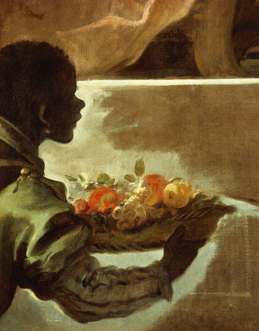Tjener præsenterer en kurv med frugt, detaljer fra hyldest til Velazquez for greven af Santiesteban af Luca Giordano