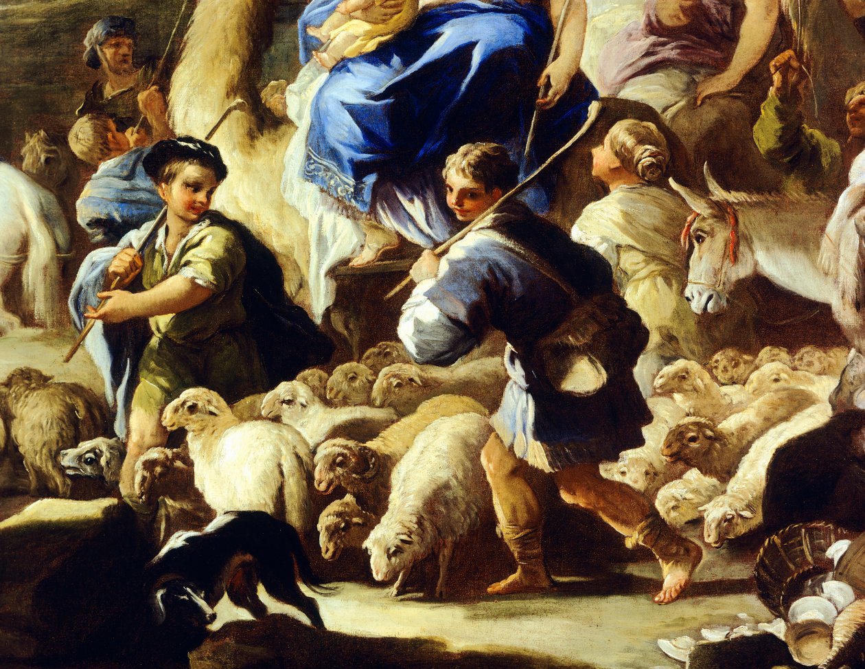 Får og hyrder, detalje fra Rebeccas afrejse til Kanaan, af Luca Giordano (1634-1705), olie på kobber, 59x85 cm af Luca Giordano
