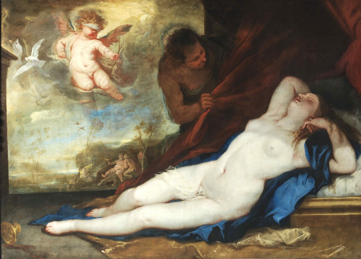 Sovende Venus, Amor og Satyr, ca. 1670. af Luca Giordano