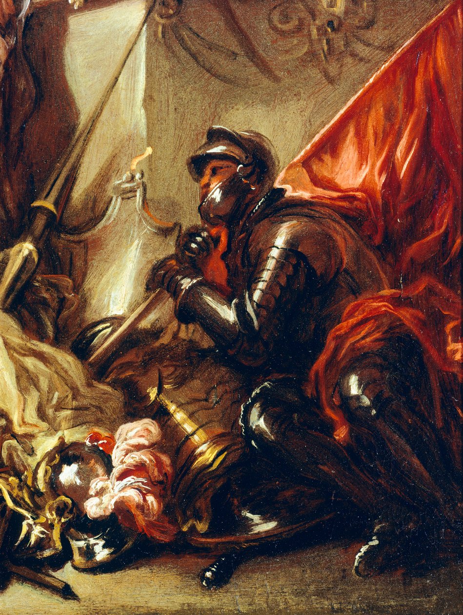 Soldat holder banner, detalje fra Allegory of War, af Luca Giordano (1634-1705), olie på lærred, 61x50 cm af Luca Giordano