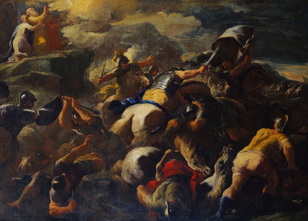 Slaget mellem israelitterne og amalekiterne, Aron og Hur, der støtter Moses" våben på en bakketop bagved af Luca Giordano