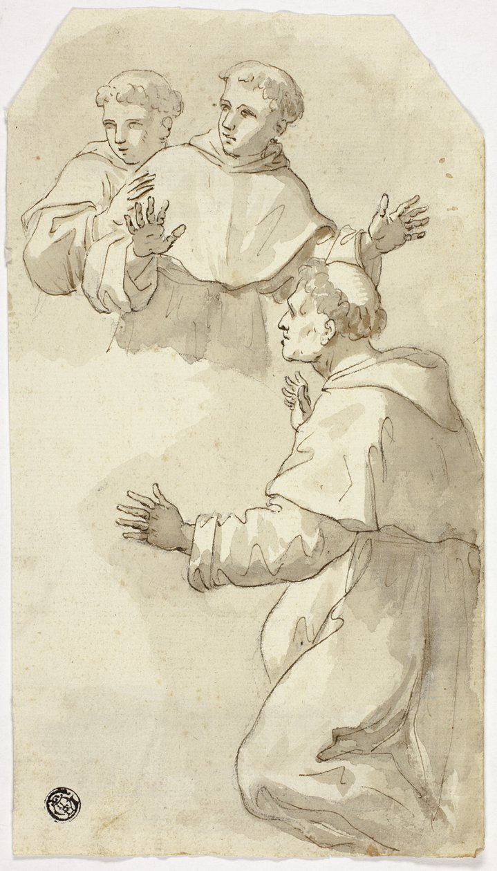 Tre forskrækkede munke, en knælende, to stående af Luca Giordano