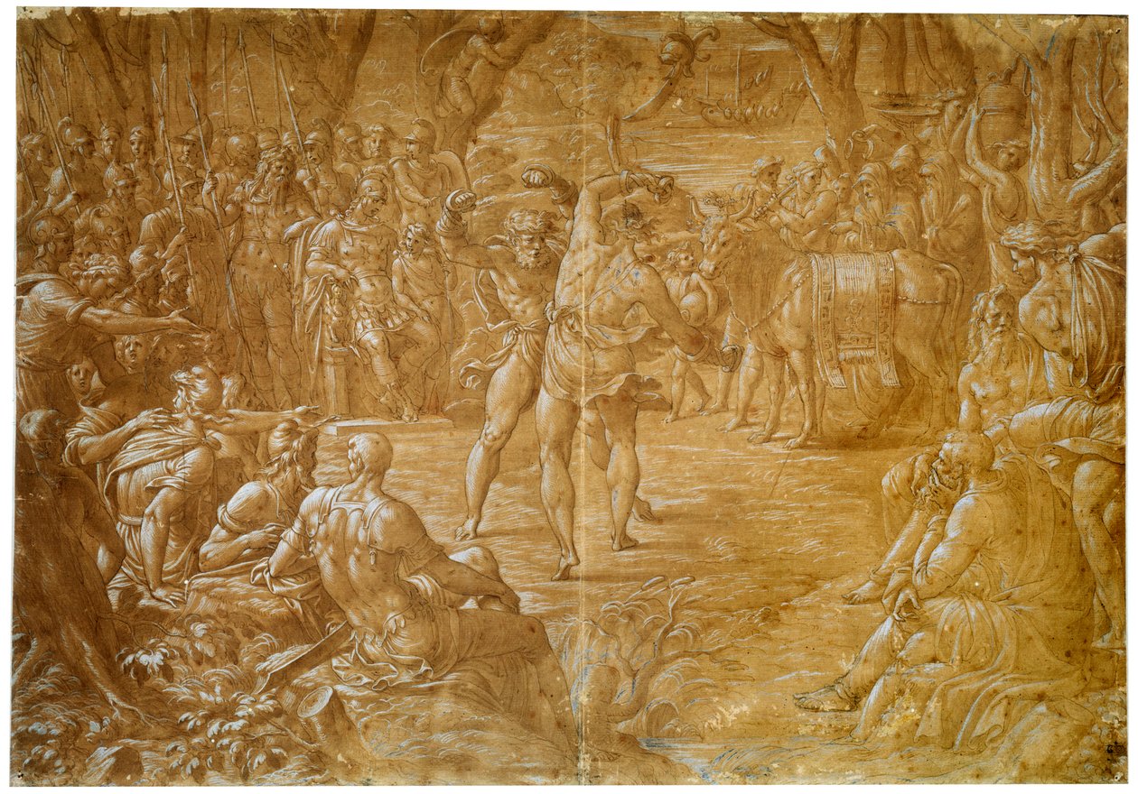 Kampen mellem Entellus fra Sicilien og Dares fra Troy, c1544 af Luca Penni