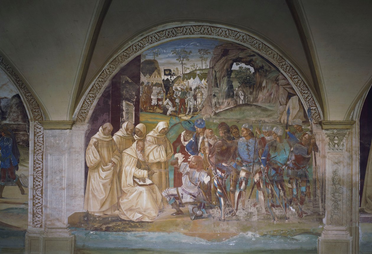 Benedikt opdager Totilas bedrag, scene fra St. Benedikts liv af Luca Signorelli
