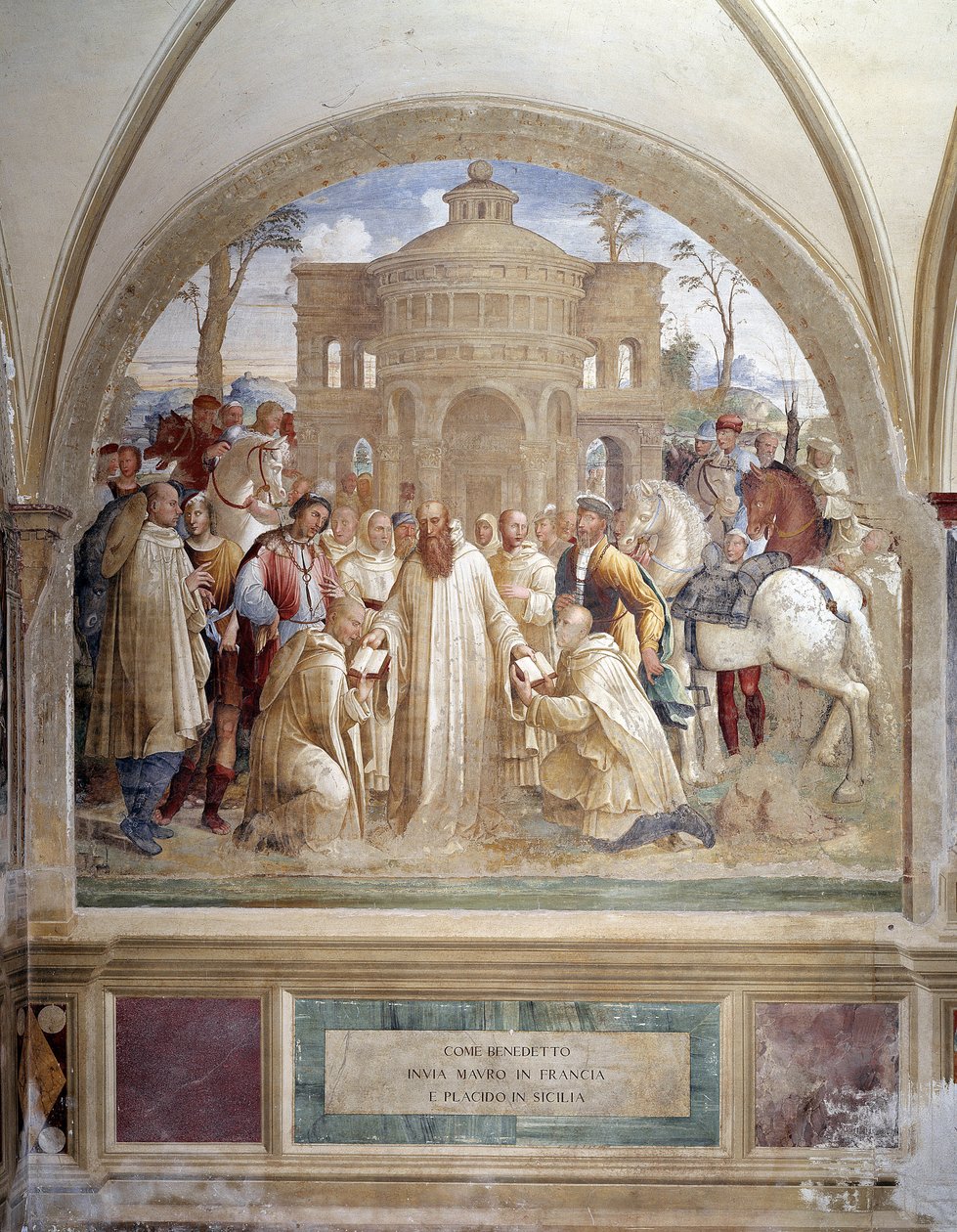 Benedikt sender Maurus i Frankrig og Placid på Sicilien (Benedict sender Maurus i Frankrig og Placid på Sicilien) Fresko af klostret lavet af Luca Signorelli, der fortæller om livet for Sankt Benedikt af Nursie (480 - 567), grundlægger af Benediktinerorden af Luca Signorelli