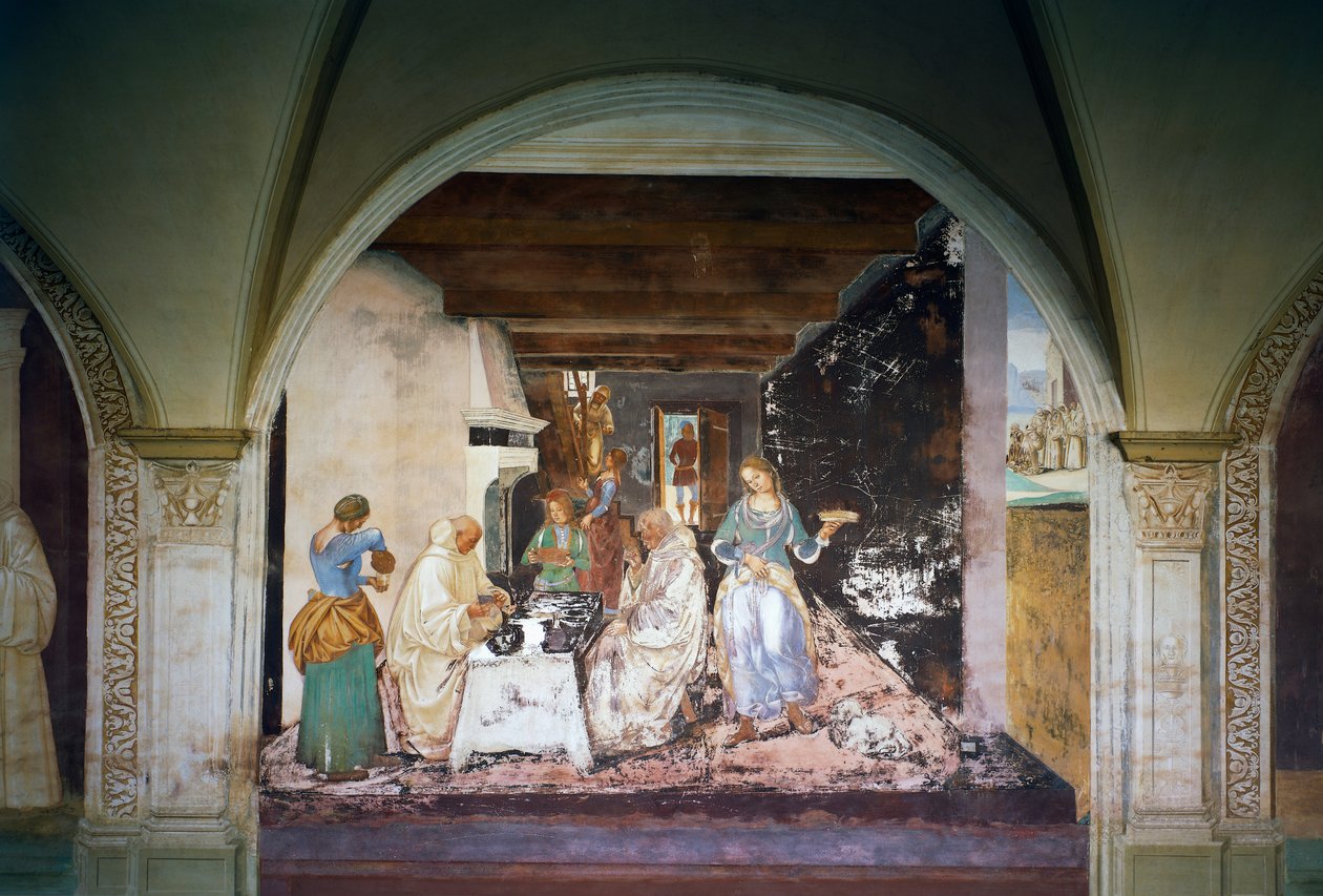 Benedikt fortæller to munke, hvornår og hvor de har spist uden for klostret, scene fra St. Benedikts liv af Luca Signorelli