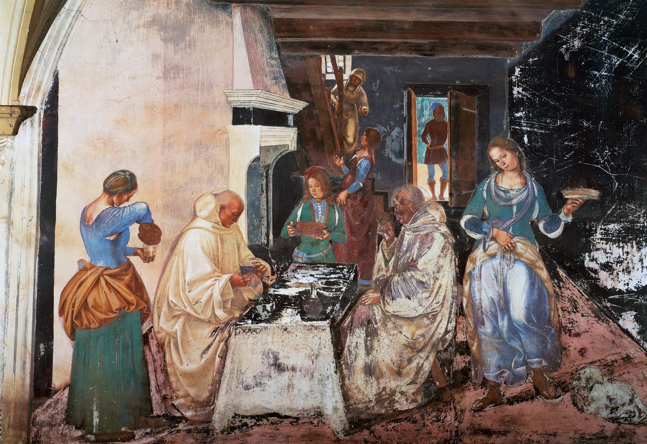 Benedikt fortæller munkene, hvor og hvornår de spiste, mens de var uden for klostret, scene fra Stories of St. Benedict af Luca Signorelli