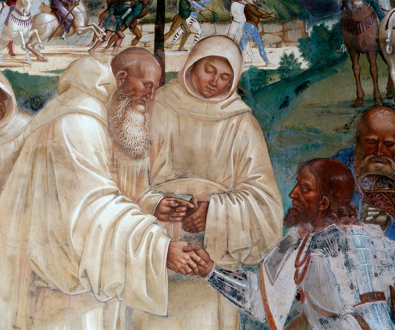 Benedikt byder velkommen til Totila, der kom for at undskylde sig selv for at have sat Benoit på prøve (Benedict byder Totila velkommen, der kom for at undskylde sig selv for at have sat Benedict på prøve) Detalje fresko af klostret udført af Luca Signorel af Luca Signorelli
