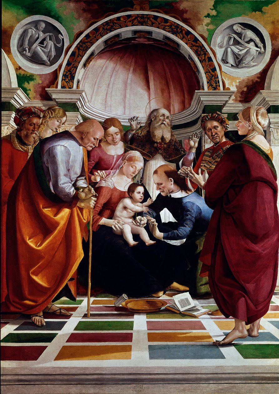 Omskæring. Blandt figurerne repræsenteret: Sankt Josef (med stok), Jomfru Maria, Jesus Kristus og Sankt Simeon (løfter hænderne mod himlen). Maleri af Luca Signorelli (ca. 1445-1523) 1491 ca. Sol. 258,5x180 cm London, Nationalgalleriet af Luca Signorelli