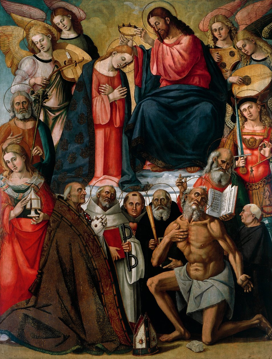 Jomfruens kroning med engle og hellige af Luca Signorelli (cirka 1445-1523) og hans assistenter, Collegiate Church of St Martin and Leonard, Foiano della Chiana, Arezzo af Luca Signorelli