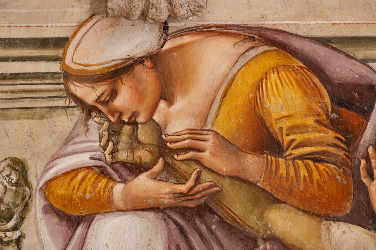 Klagesang over den døde Kristus mellem de to helgener i Orvieto (S. Parenzo til højre og S. Faustino til venstre), detaljer af Luca Signorelli