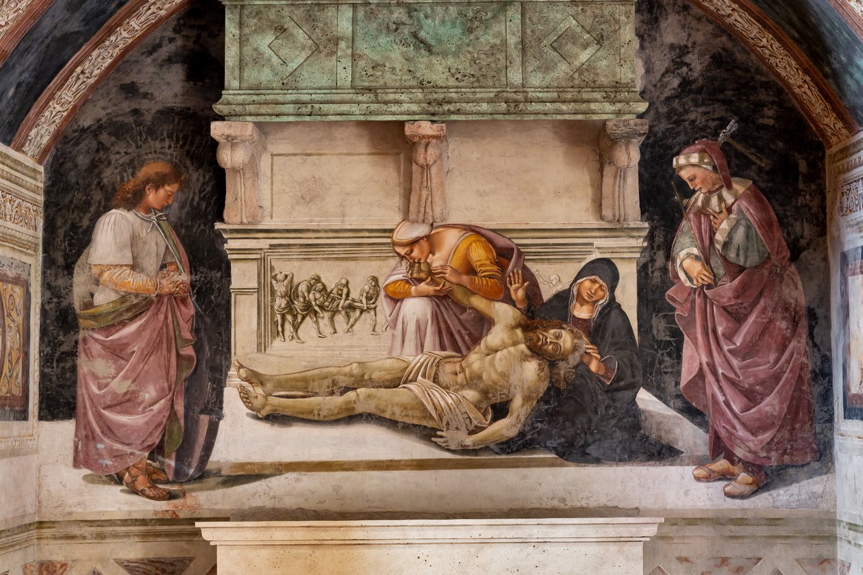 Klagesang over den døde Kristus mellem de to helgener i Orvieto (S. Parenzo til højre og S. Faustino til venstre) af Luca Signorelli