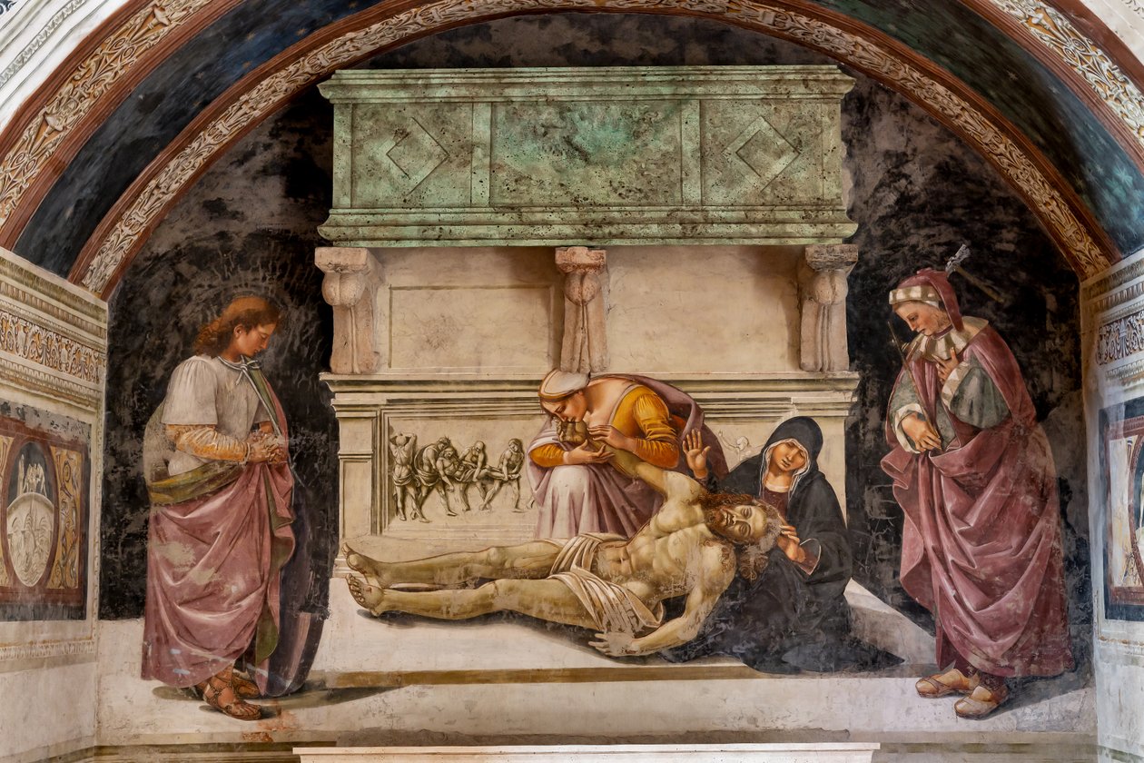 Klagesang over den døde Kristus mellem de to helgener i Orvieto (S. Parenzo til højre og S. Faustino til venstre) af Luca Signorelli