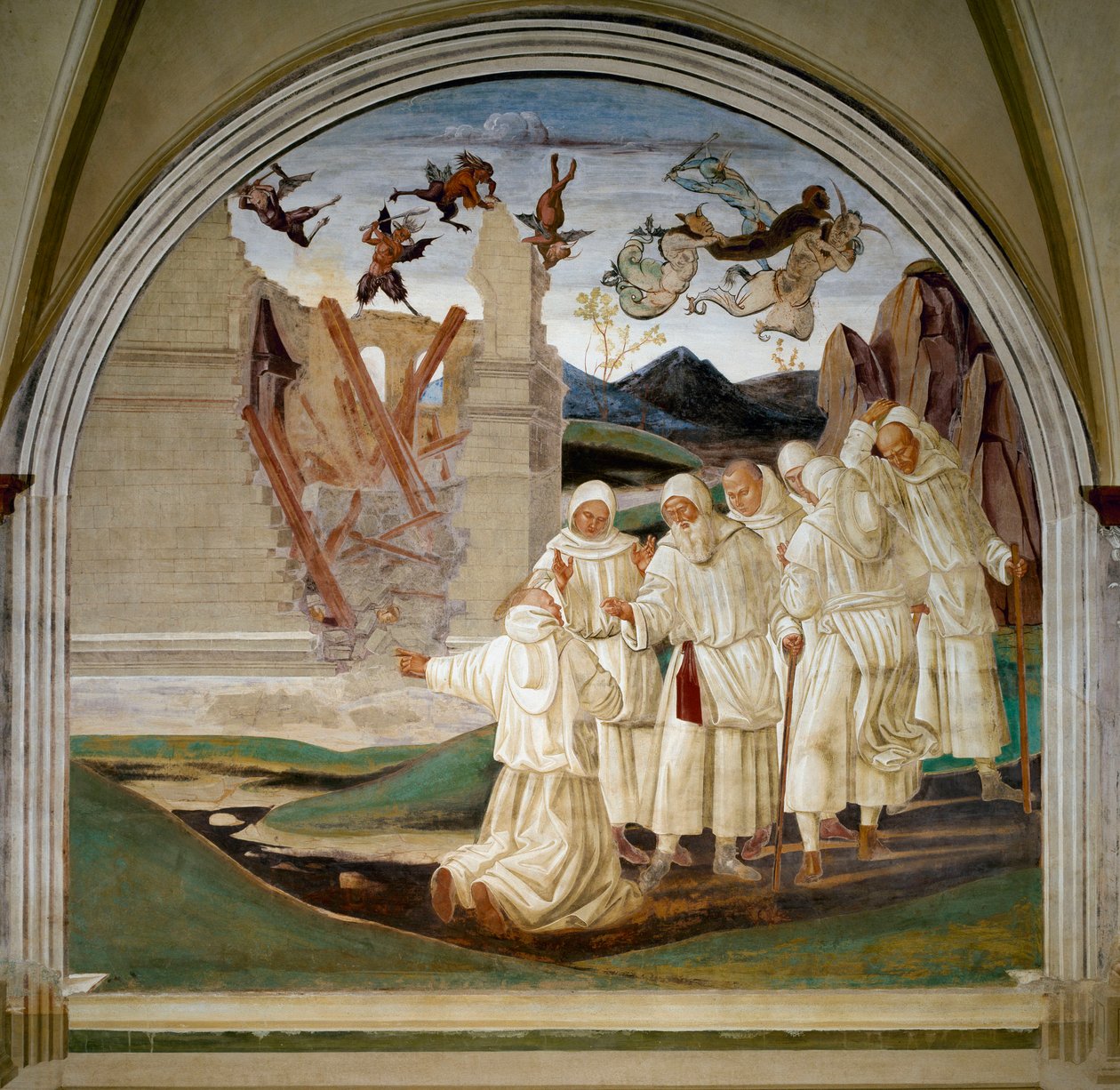 Life of Saint Benedict: "" Hvordan Gud straffer Florent"" En munk fortæller helgenen, at Florent (Fiorenzo) døde begravet under dekompressionen af sit hus, der blev skudt ned af dæmonerne. Fresco af Luca Signorelli (ca. 1445-1523) af Luca Signorelli